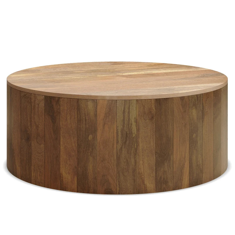 Table basse ronde tambour en manguier massif, 36 pouces – Finition blanchie / Noyer / Noir / Naturel