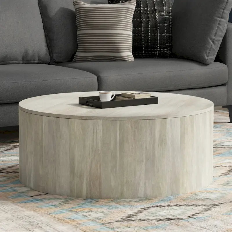 Table basse ronde tambour en manguier massif, 36 pouces – Finition blanchie / Noyer / Noir / Naturel