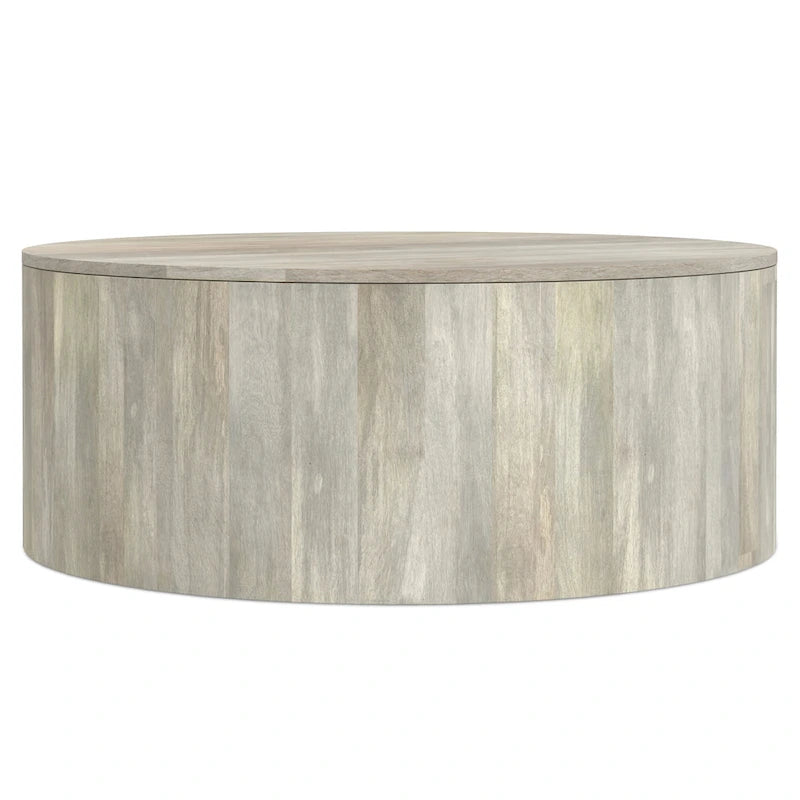 Table basse ronde tambour en manguier massif, 36 pouces – Finition blanchie / Noyer / Noir / Naturel