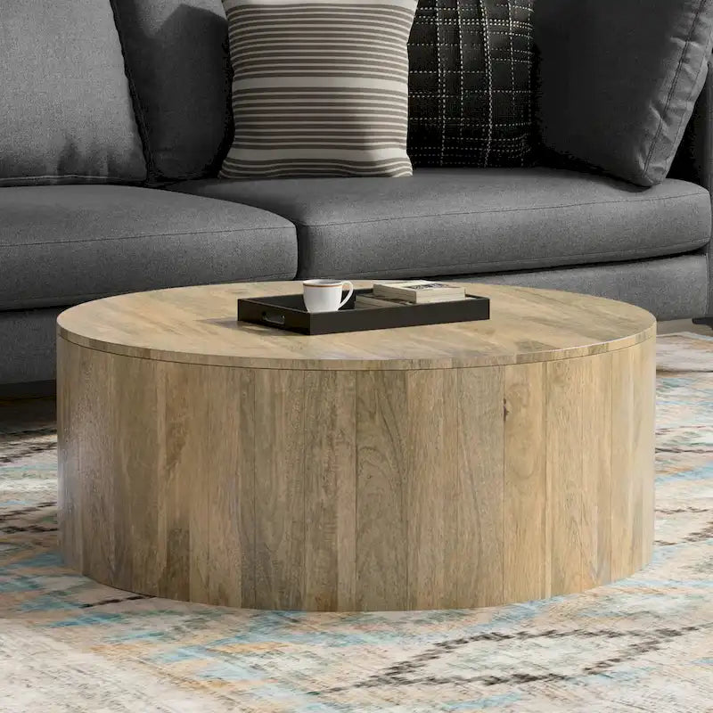 Table basse ronde tambour en manguier massif, 36 pouces – Finition blanchie / Noyer / Noir / Naturel
