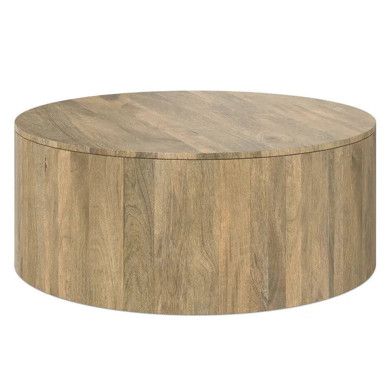 Table basse ronde tambour en manguier massif, 36 pouces – Finition blanchie / Noyer / Noir / Naturel