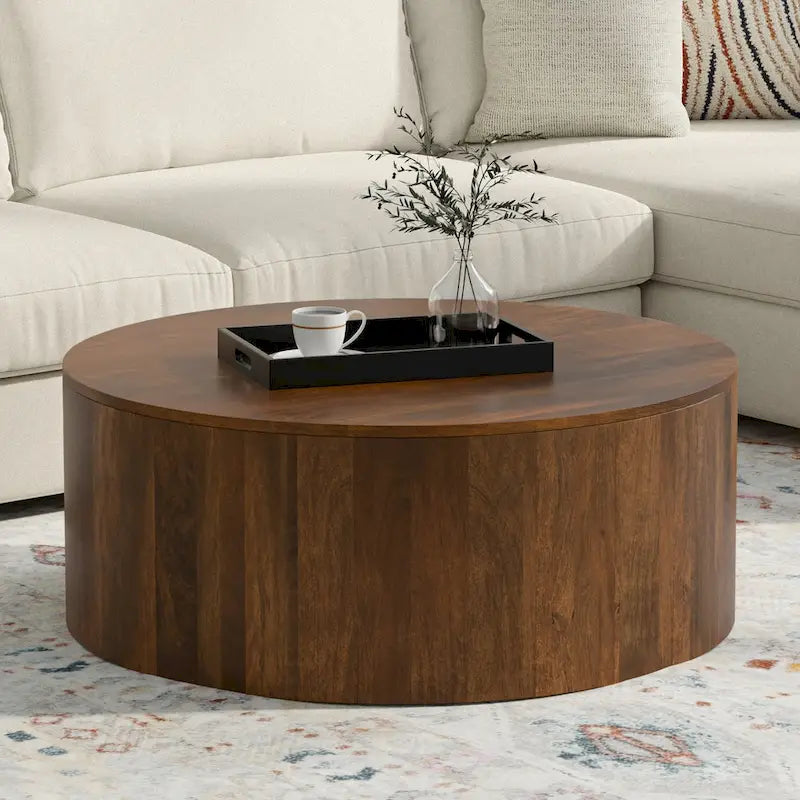 Table basse ronde tambour en manguier massif, 36 pouces – Finition blanchie / Noyer / Noir / Naturel