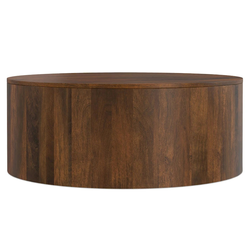 Table basse ronde tambour en manguier massif, 36 pouces – Finition blanchie / Noyer / Noir / Naturel
