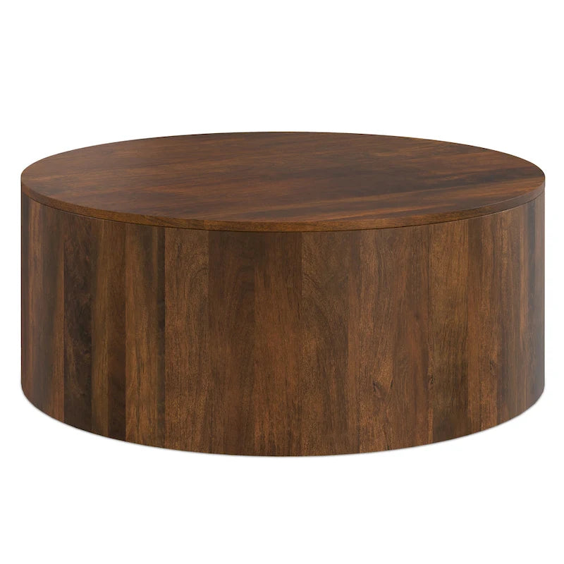 Table basse ronde tambour en manguier massif, 36 pouces – Finition blanchie / Noyer / Noir / Naturel