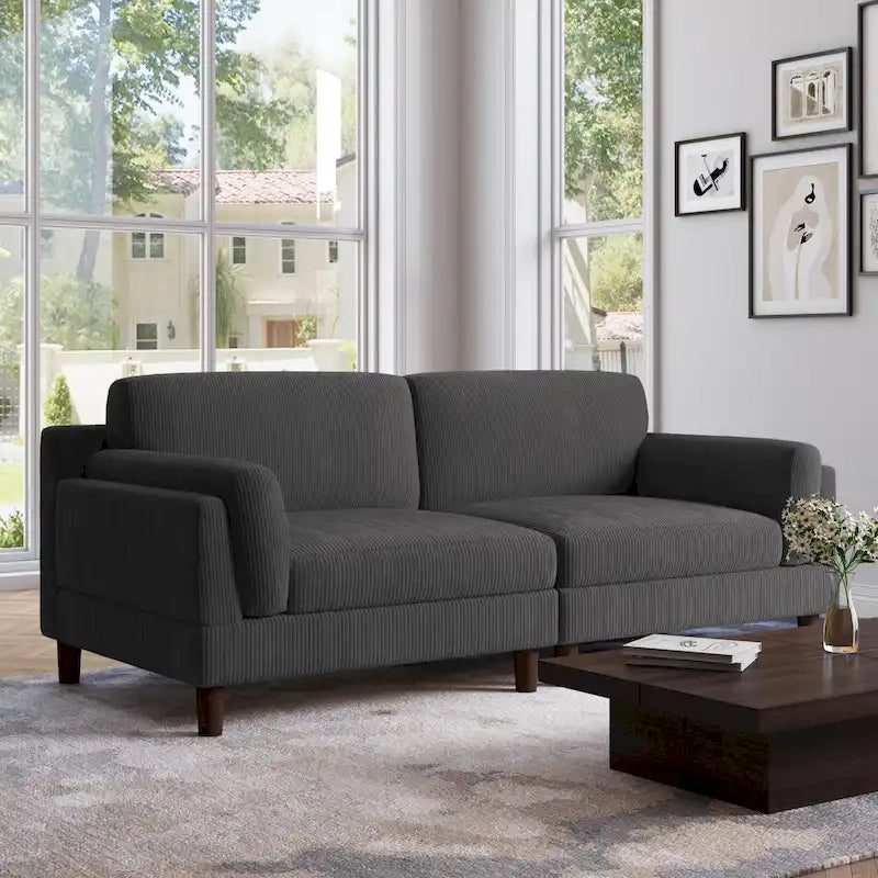 Canapé 2 places en velours côtelé orange/gris/vert/gris clair/beige, avec housse amovible, accoudoirs carrés et pieds coniques, 2 personnes