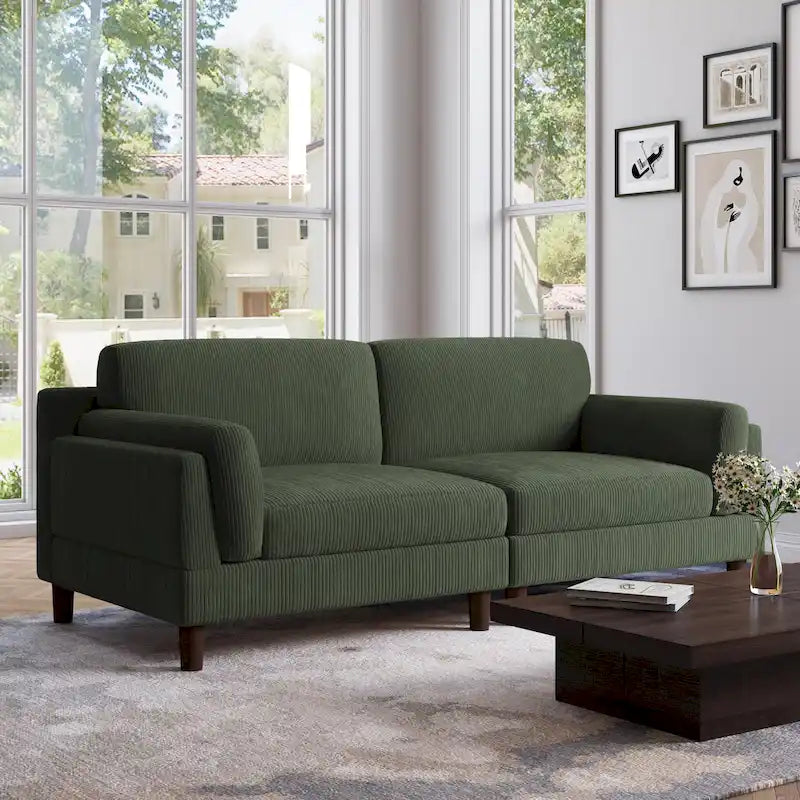 Canapé 2 places en velours côtelé orange/gris/vert/gris clair/beige, avec housse amovible, accoudoirs carrés et pieds coniques, 2 personnes