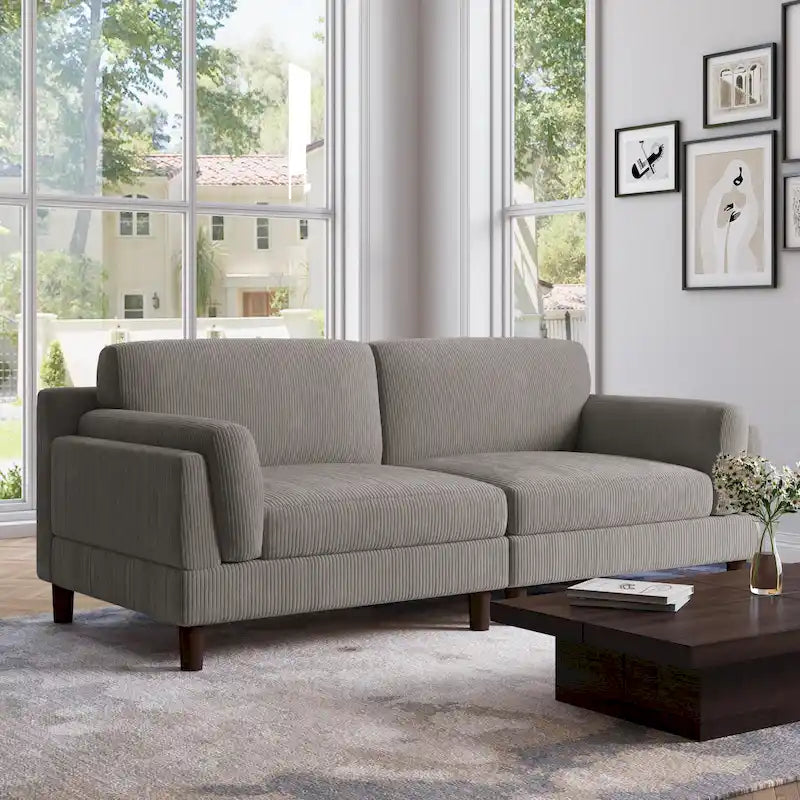 Canapé 2 places en velours côtelé orange/gris/vert/gris clair/beige, avec housse amovible, accoudoirs carrés et pieds coniques, 2 personnes