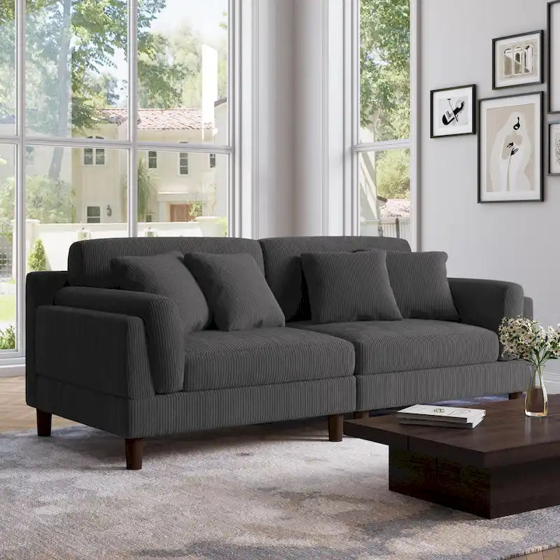 Canapé 2 places en velours côtelé orange/gris/vert/gris clair/beige, avec housse amovible, accoudoirs carrés et pieds coniques, 2 personnes
