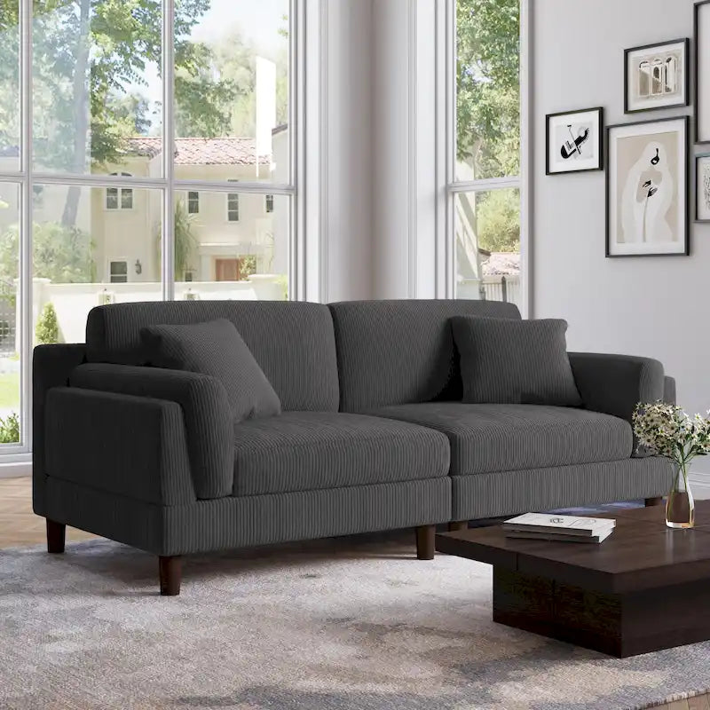 Canapé 2 places en velours côtelé orange/gris/vert/gris clair/beige, avec housse amovible, accoudoirs carrés et pieds coniques, 2 personnes