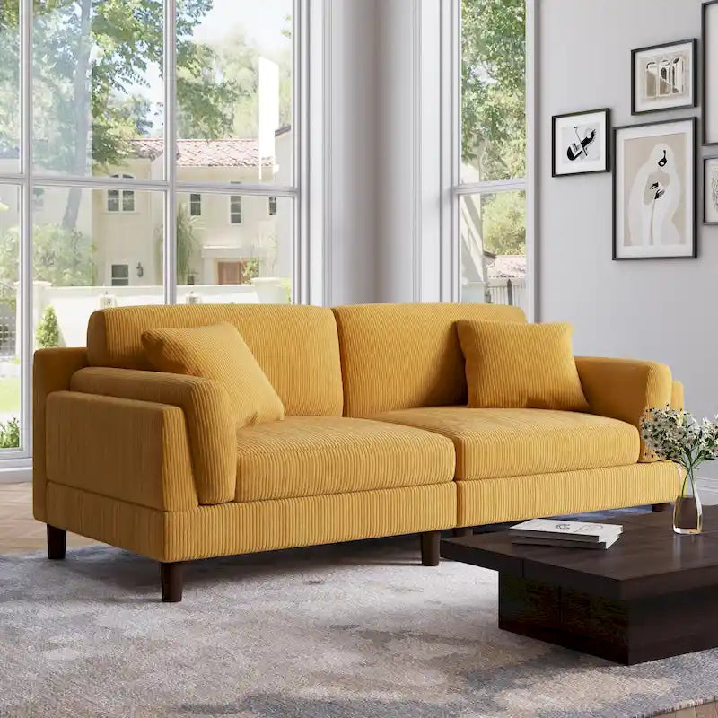 Canapé 2 places en velours côtelé orange/gris/vert/gris clair/beige, avec housse amovible, accoudoirs carrés et pieds coniques, 2 personnes