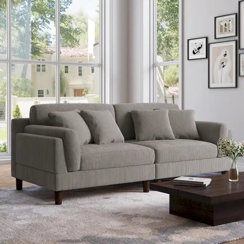 Canapé 2 places en velours côtelé orange/gris/vert/gris clair/beige, avec housse amovible, accoudoirs carrés et pieds coniques, 2 personnes