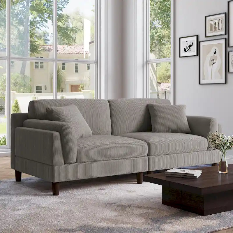 Canapé 2 places en velours côtelé orange/gris/vert/gris clair/beige, avec housse amovible, accoudoirs carrés et pieds coniques, 2 personnes
