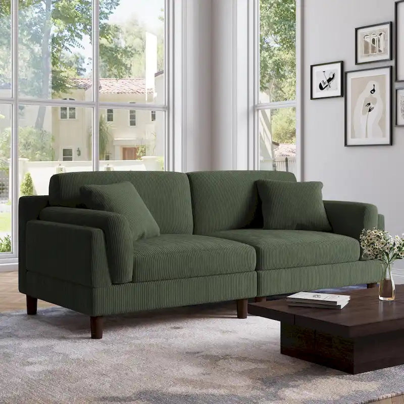 Canapé 2 places en velours côtelé orange/gris/vert/gris clair/beige, avec housse amovible, accoudoirs carrés et pieds coniques, 2 personnes