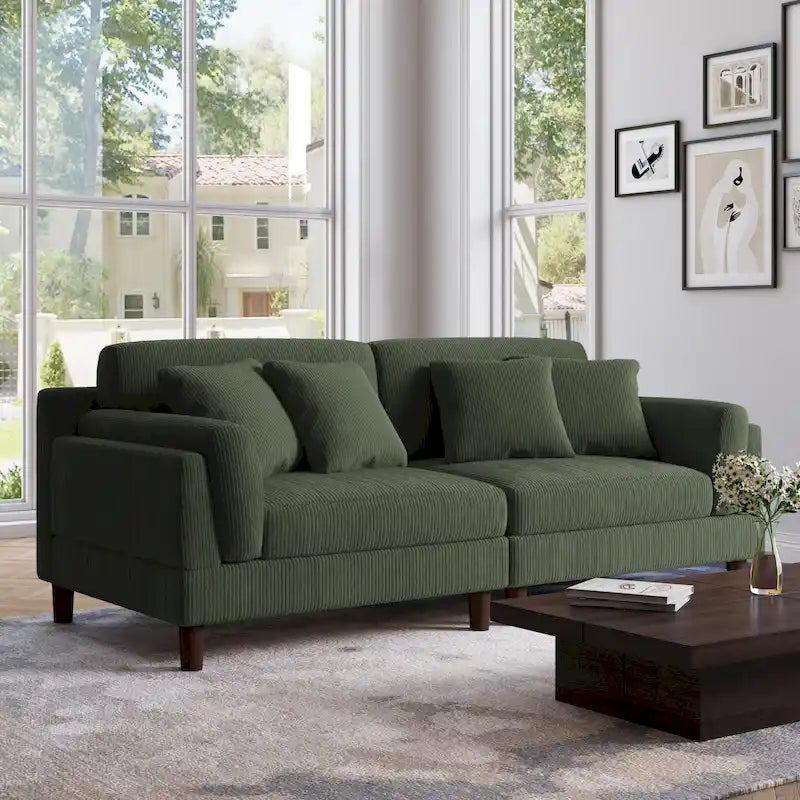 Canapé 2 places en velours côtelé orange/gris/vert/gris clair/beige, avec housse amovible, accoudoirs carrés et pieds coniques, 2 personnes