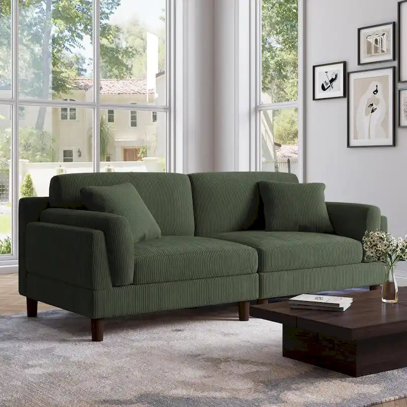 Canapé 2 places en velours côtelé orange/gris/vert/gris clair/beige, avec housse amovible, accoudoirs carrés et pieds coniques, 2 personnes