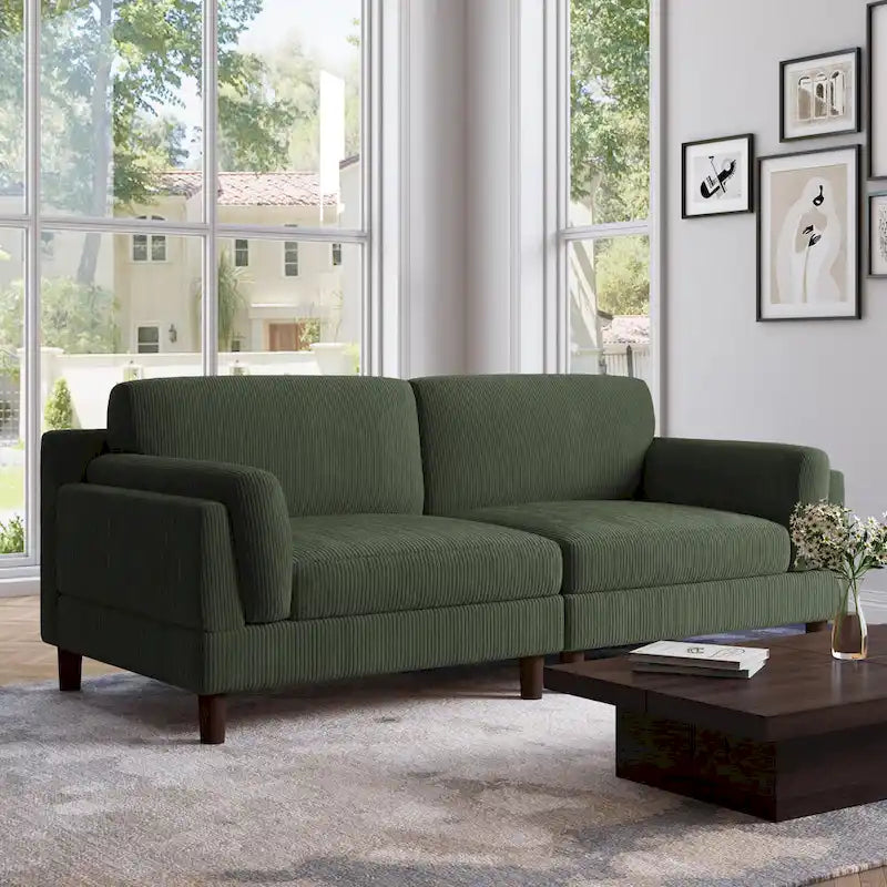 Canapé 2 places en velours côtelé orange/gris/vert/gris clair/beige, avec housse amovible, accoudoirs carrés et pieds coniques, 2 personnes