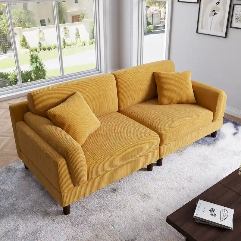 Canapé 2 places en velours côtelé orange/gris/vert/gris clair/beige, avec housse amovible, accoudoirs carrés et pieds coniques, 2 personnes