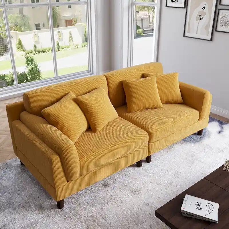 Canapé 2 places en velours côtelé orange/gris/vert/gris clair/beige, avec housse amovible, accoudoirs carrés et pieds coniques, 2 personnes