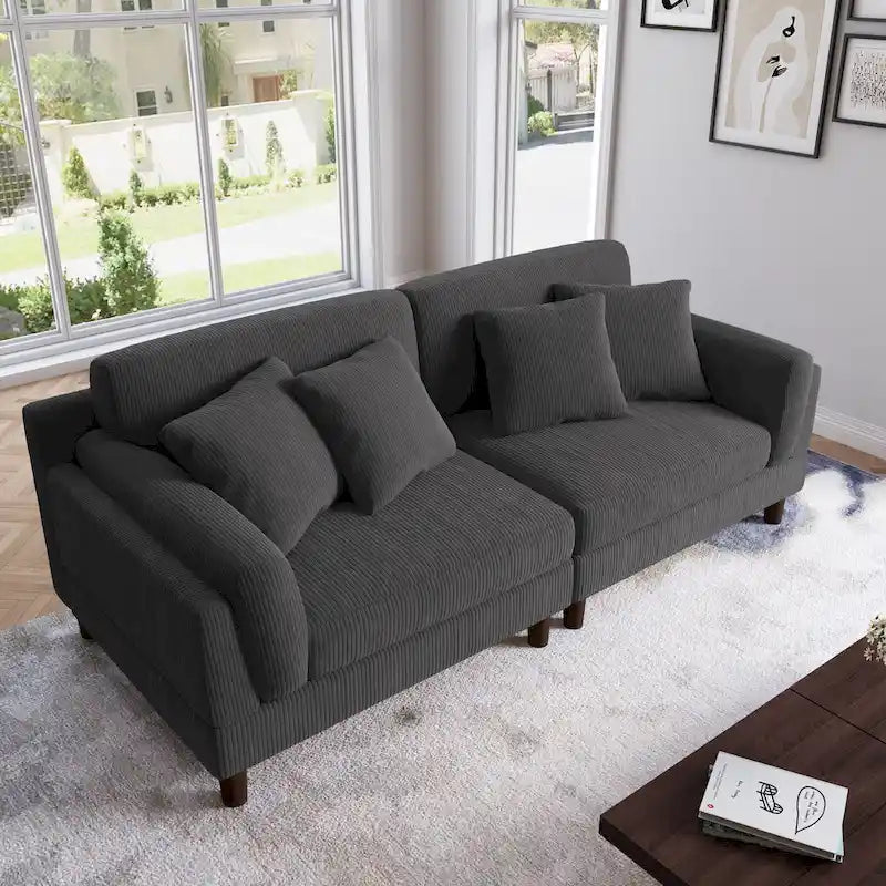 Canapé 2 places en velours côtelé orange/gris/vert/gris clair/beige, avec housse amovible, accoudoirs carrés et pieds coniques, 2 personnes