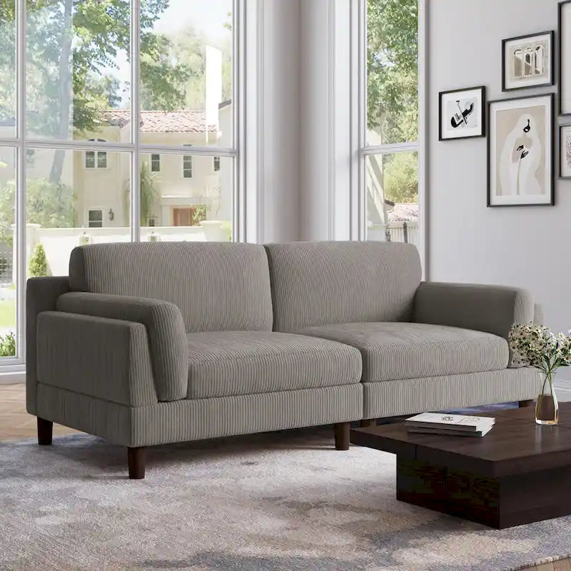 Canapé 2 places en velours côtelé orange/gris/vert/gris clair/beige, avec housse amovible, accoudoirs carrés et pieds coniques, 2 personnes