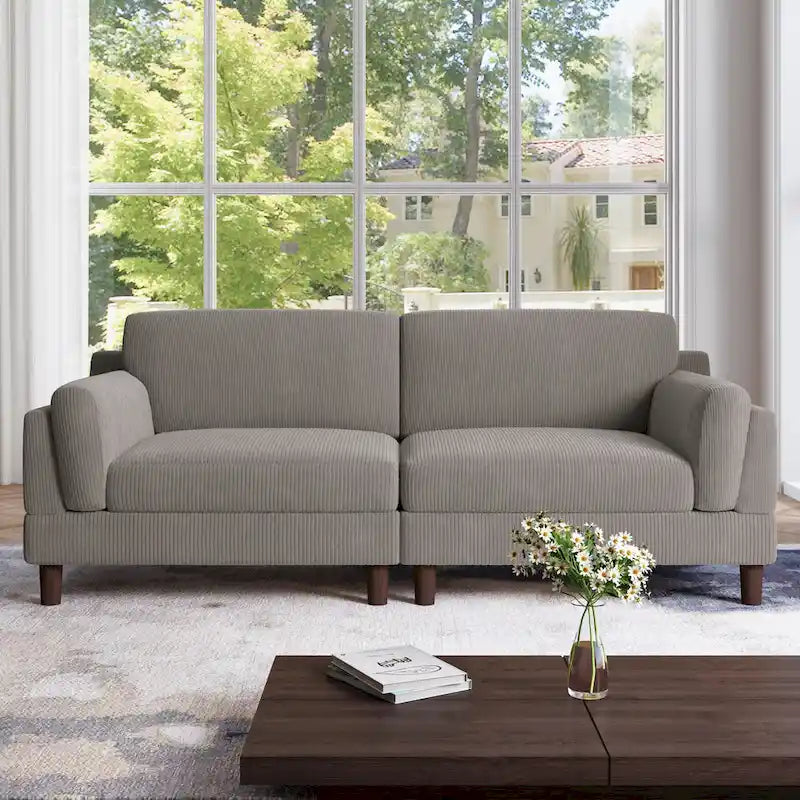 Canapé 2 places en velours côtelé orange/gris/vert/gris clair/beige, avec housse amovible, accoudoirs carrés et pieds coniques, 2 personnes