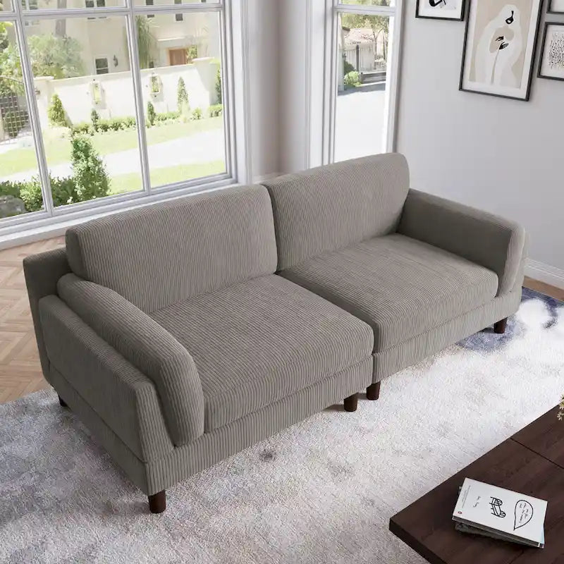 Canapé 2 places en velours côtelé orange/gris/vert/gris clair/beige, avec housse amovible, accoudoirs carrés et pieds coniques, 2 personnes