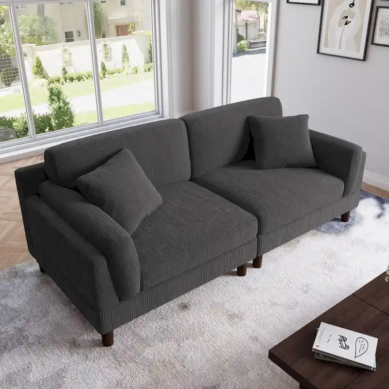 Canapé 2 places en velours côtelé orange/gris/vert/gris clair/beige, avec housse amovible, accoudoirs carrés et pieds coniques, 2 personnes