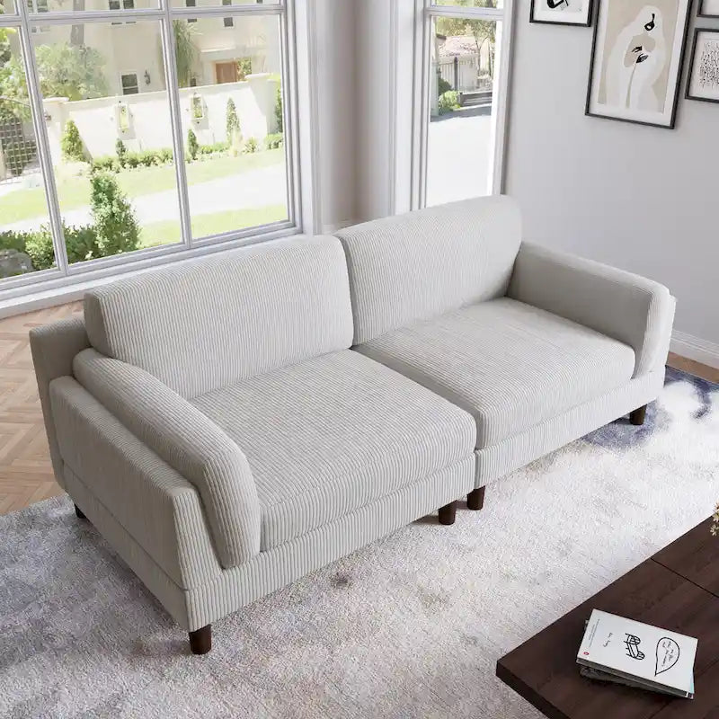 Canapé 2 places en velours côtelé orange/gris/vert/gris clair/beige, avec housse amovible, accoudoirs carrés et pieds coniques, 2 personnes