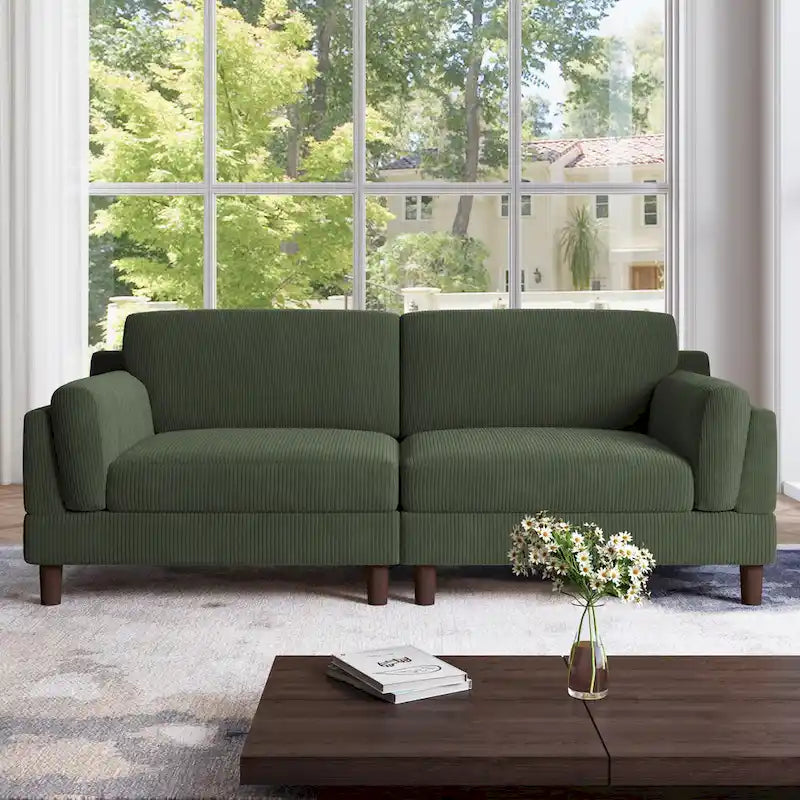 Canapé 2 places en velours côtelé orange/gris/vert/gris clair/beige, avec housse amovible, accoudoirs carrés et pieds coniques, 2 personnes