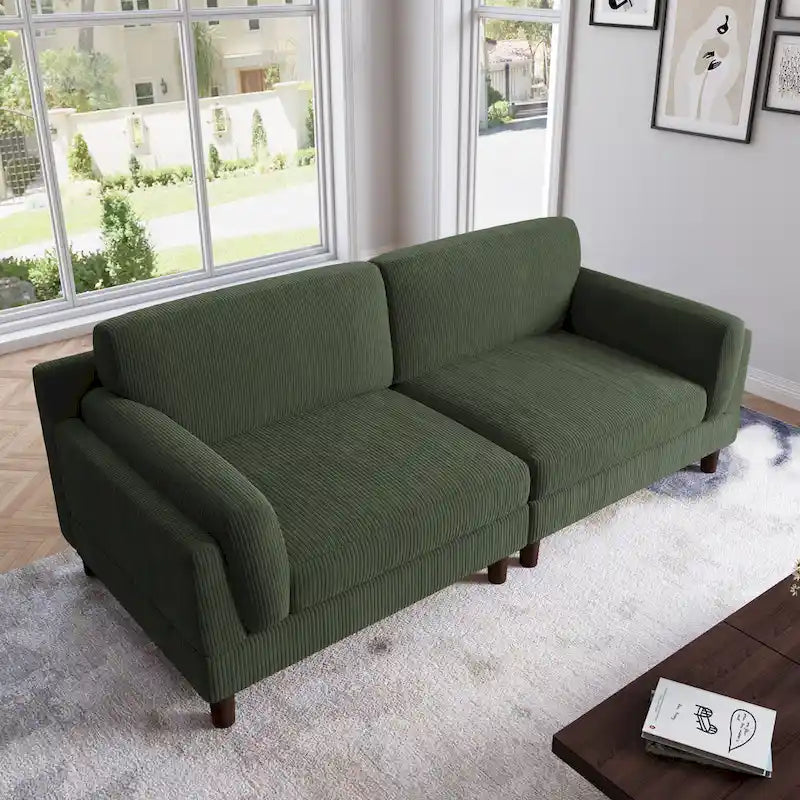 Canapé 2 places en velours côtelé orange/gris/vert/gris clair/beige, avec housse amovible, accoudoirs carrés et pieds coniques, 2 personnes