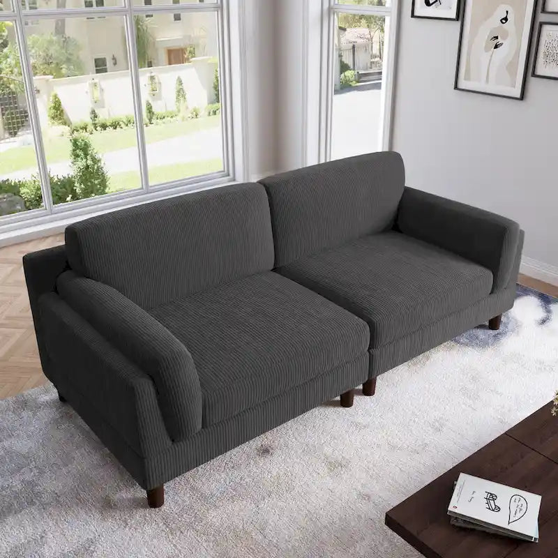 Canapé 2 places en velours côtelé orange/gris/vert/gris clair/beige, avec housse amovible, accoudoirs carrés et pieds coniques, 2 personnes