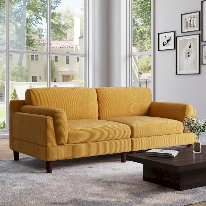 Canapé 2 places en velours côtelé orange/gris/vert/gris clair/beige, avec housse amovible, accoudoirs carrés et pieds coniques, 2 personnes