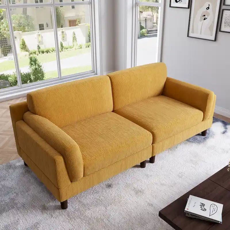 Canapé 2 places en velours côtelé orange/gris/vert/gris clair/beige, avec housse amovible, accoudoirs carrés et pieds coniques, 2 personnes