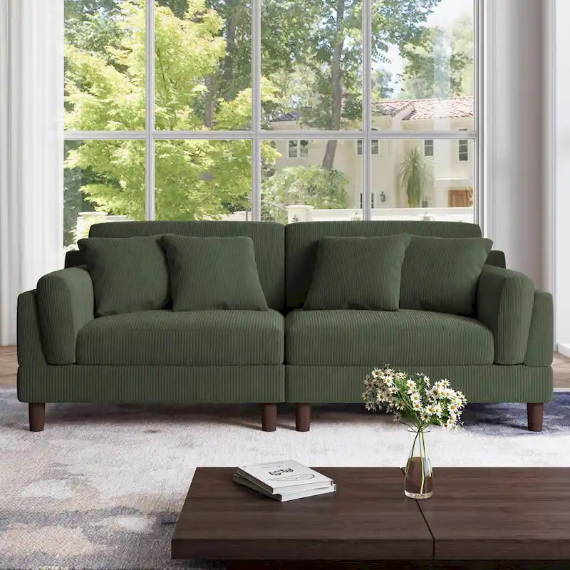 Canapé 2 places en velours côtelé orange/gris/vert/gris clair/beige, avec housse amovible, accoudoirs carrés et pieds coniques, 2 personnes