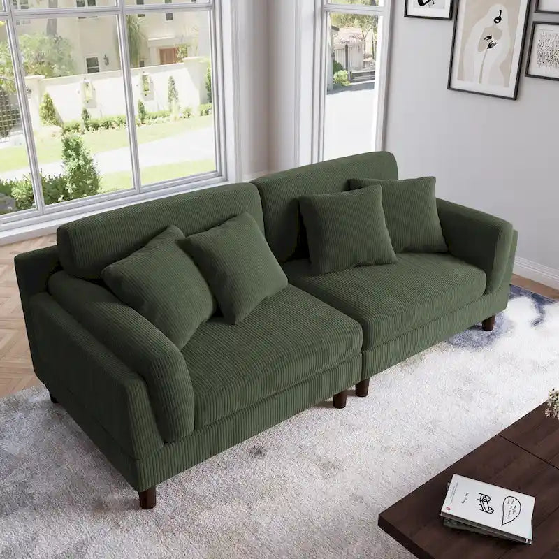 Canapé 2 places en velours côtelé orange/gris/vert/gris clair/beige, avec housse amovible, accoudoirs carrés et pieds coniques, 2 personnes