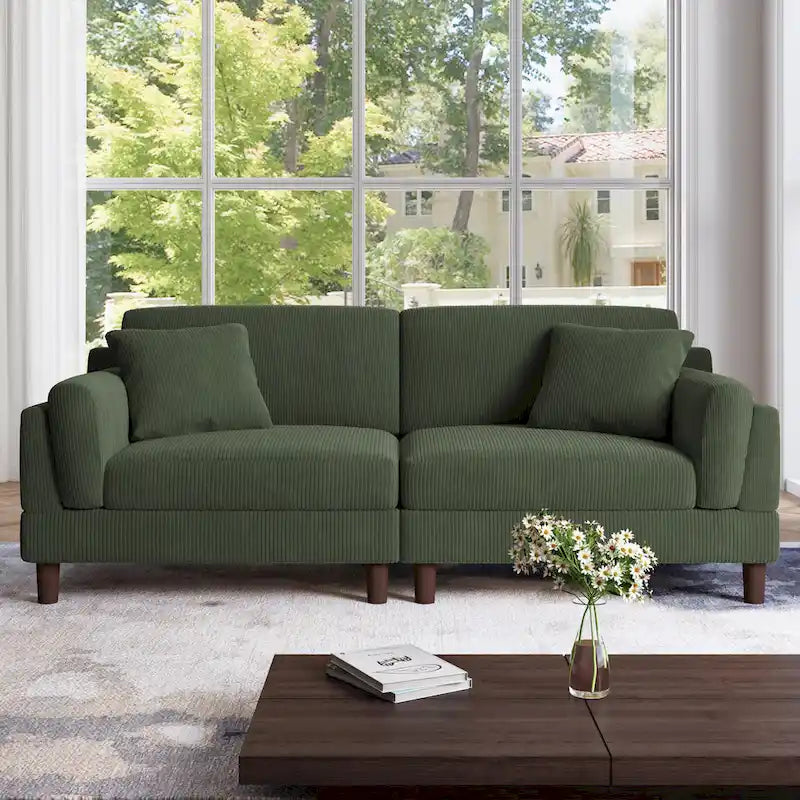 Canapé 2 places en velours côtelé orange/gris/vert/gris clair/beige, avec housse amovible, accoudoirs carrés et pieds coniques, 2 personnes