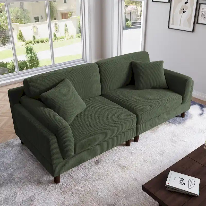 Canapé 2 places en velours côtelé orange/gris/vert/gris clair/beige, avec housse amovible, accoudoirs carrés et pieds coniques, 2 personnes