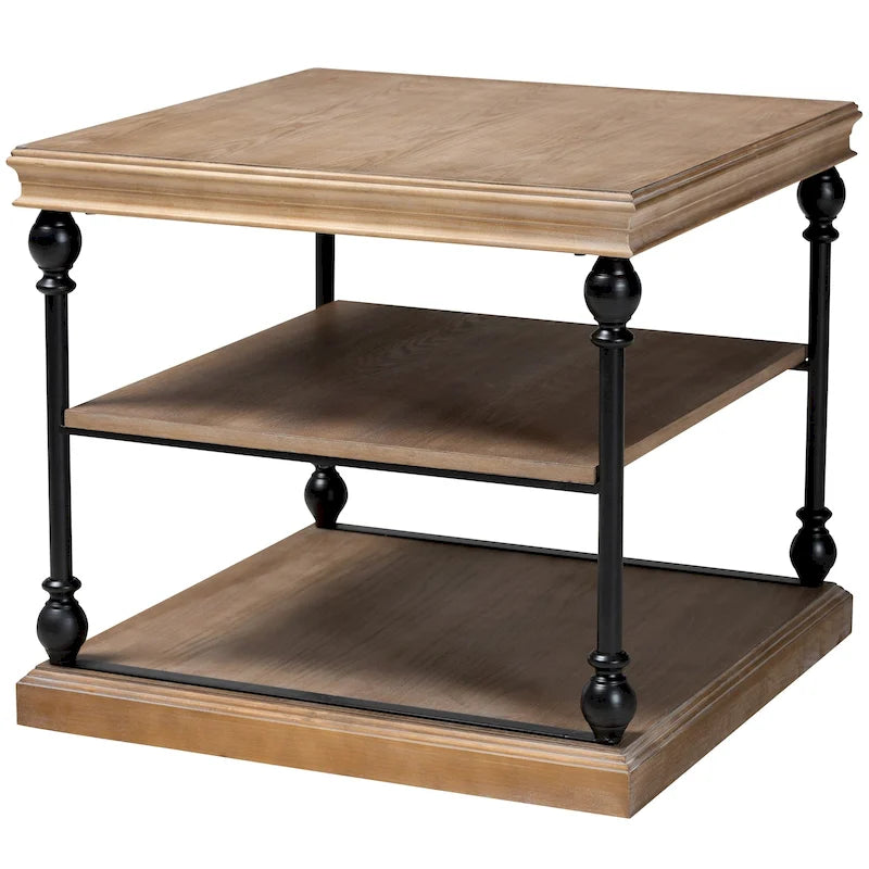Gris délavé / Chêne brun et noir Table d'appoint carrée industrielle à 3 niveaux avec structure en métal et étagères en bois, 1 personne