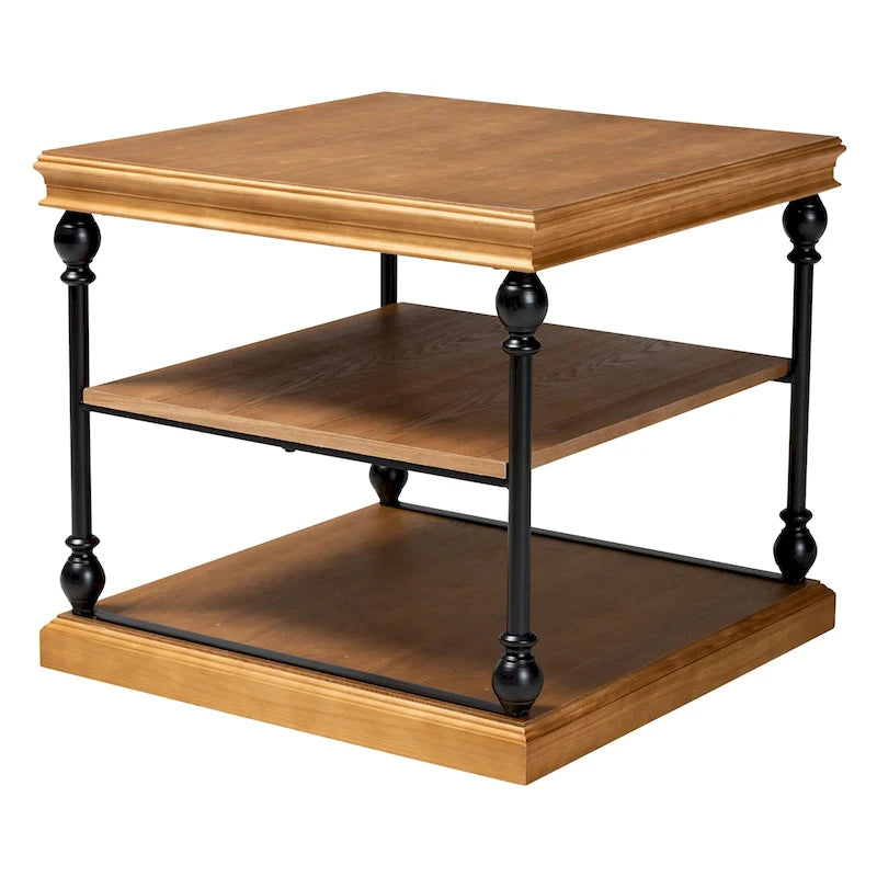 Gris délavé / Chêne brun et noir Table d'appoint carrée industrielle à 3 niveaux avec structure en métal et étagères en bois, 1 personne