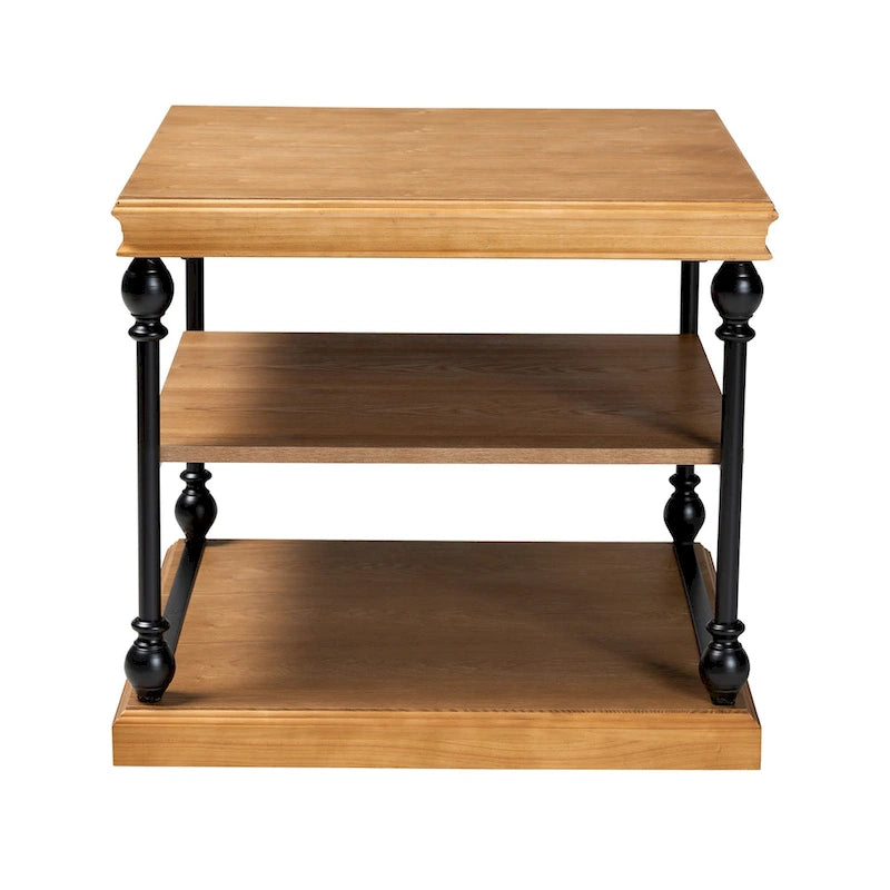 Gris délavé / Chêne brun et noir Table d'appoint carrée industrielle à 3 niveaux avec structure en métal et étagères en bois, 1 personne