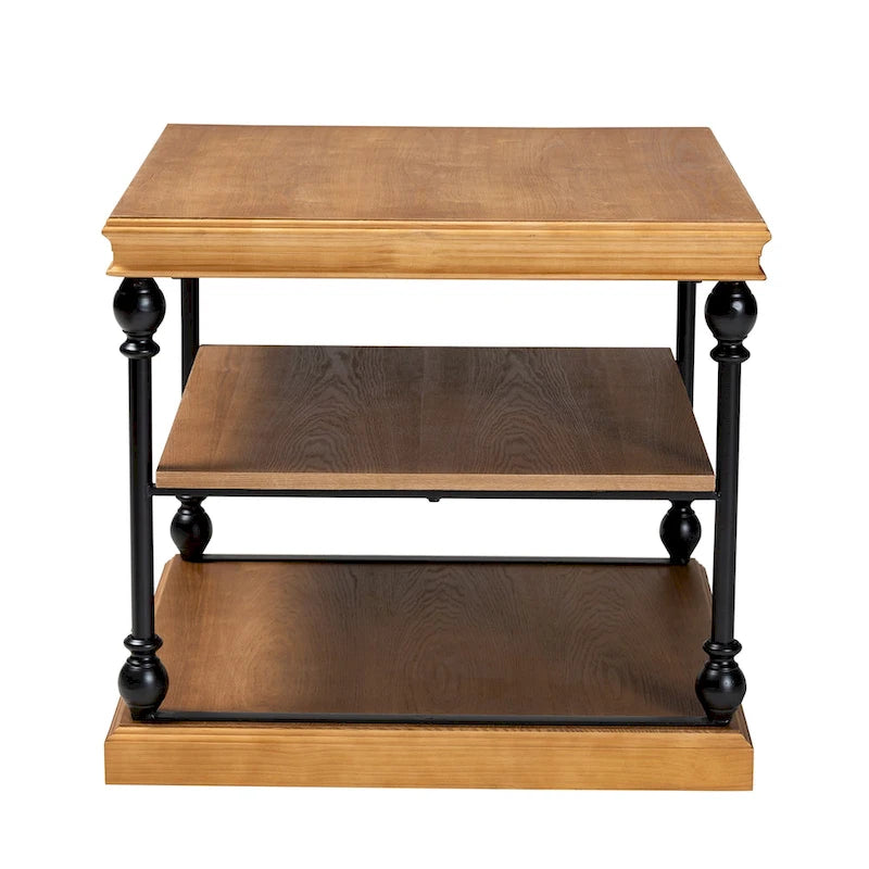 Gris délavé / Chêne brun et noir Table d'appoint carrée industrielle à 3 niveaux avec structure en métal et étagères en bois, 1 personne