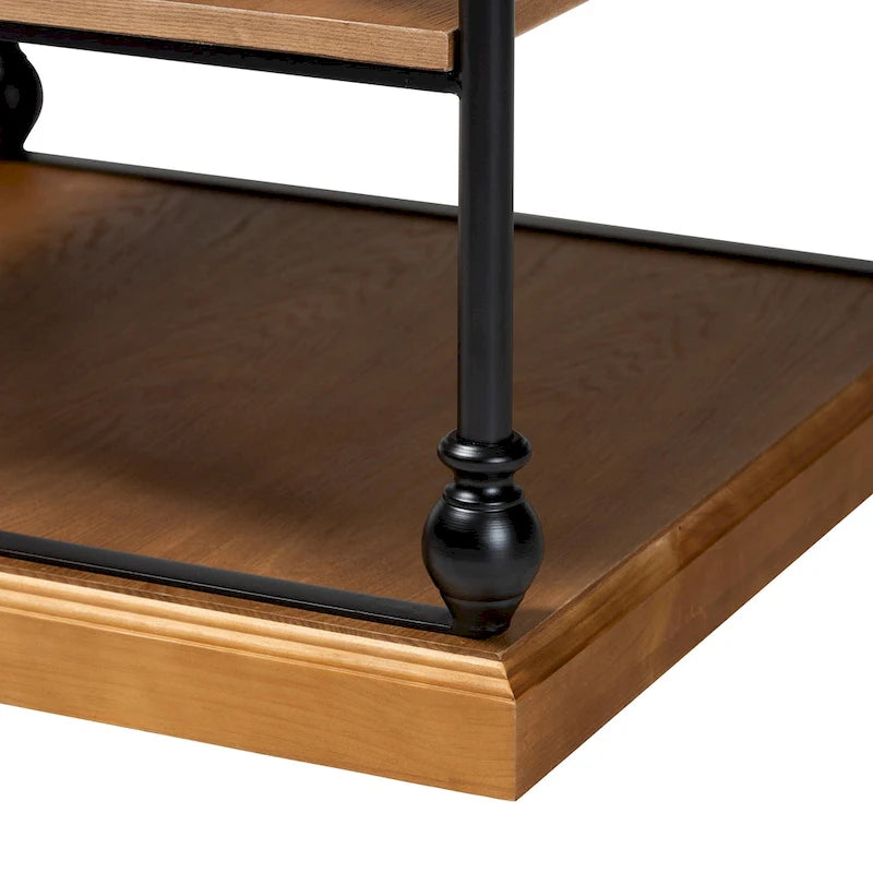 Gris délavé / Chêne brun et noir Table d'appoint carrée industrielle à 3 niveaux avec structure en métal et étagères en bois, 1 personne