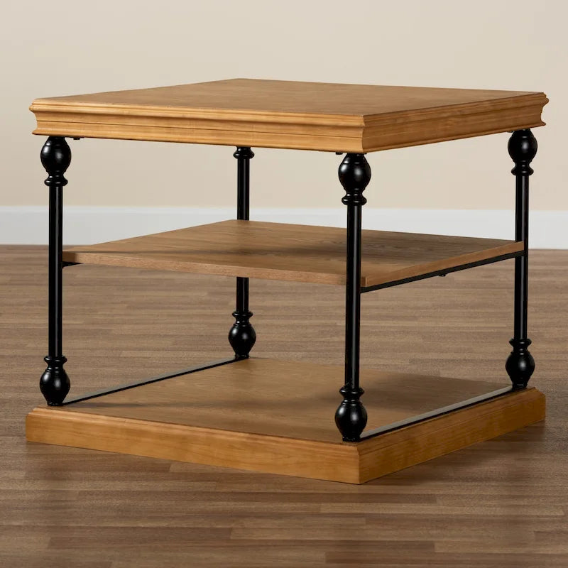 Gris délavé / Chêne brun et noir Table d'appoint carrée industrielle à 3 niveaux avec structure en métal et étagères en bois, 1 personne
