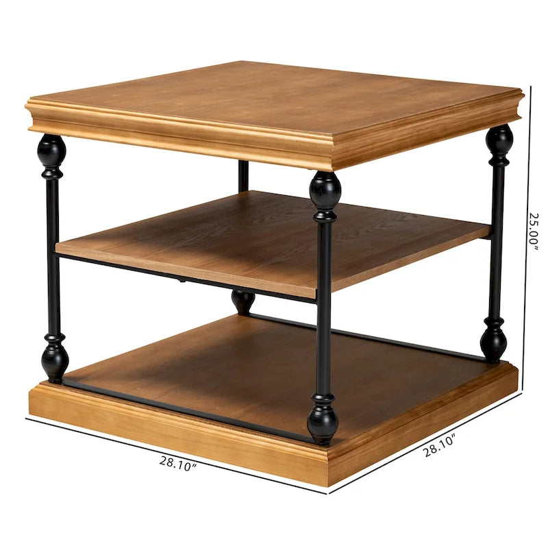 Gris délavé / Chêne brun et noir Table d'appoint carrée industrielle à 3 niveaux avec structure en métal et étagères en bois, 1 personne