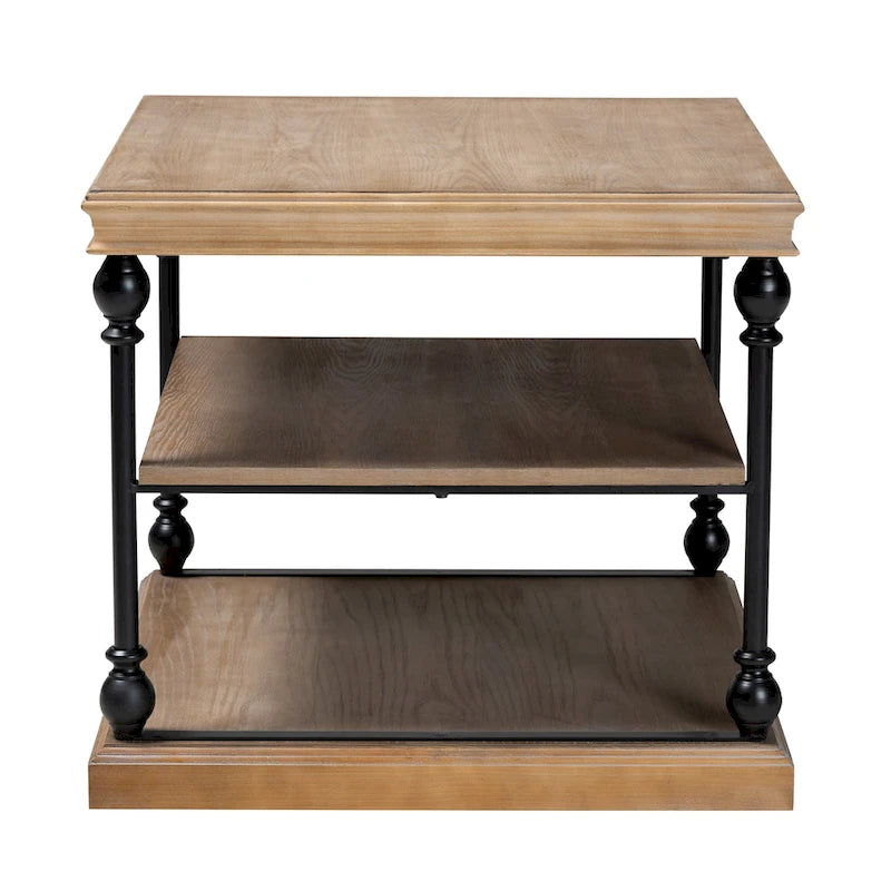 Gris délavé / Chêne brun et noir Table d'appoint carrée industrielle à 3 niveaux avec structure en métal et étagères en bois, 1 personne