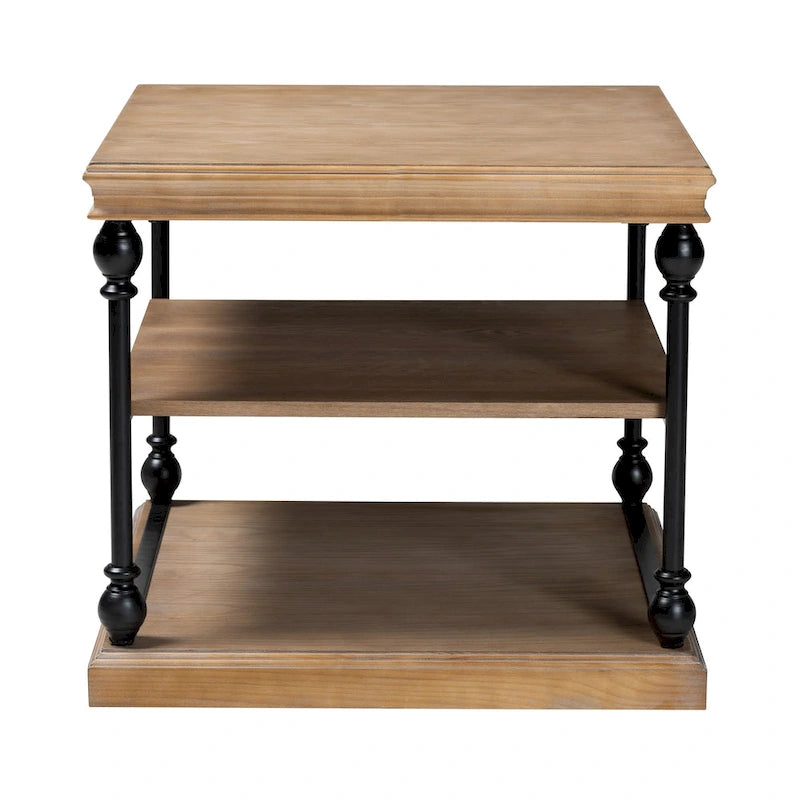 Gris délavé / Chêne brun et noir Table d'appoint carrée industrielle à 3 niveaux avec structure en métal et étagères en bois, 1 personne
