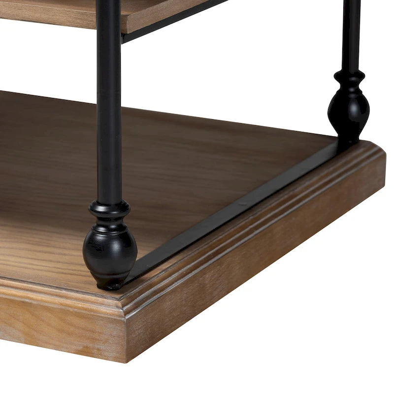 Gris délavé / Chêne brun et noir Table d'appoint carrée industrielle à 3 niveaux avec structure en métal et étagères en bois, 1 personne
