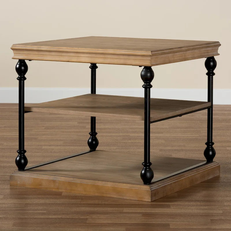 Gris délavé / Chêne brun et noir Table d'appoint carrée industrielle à 3 niveaux avec structure en métal et étagères en bois, 1 personne