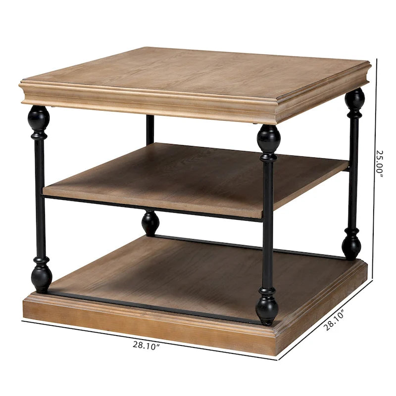 Gris délavé / Chêne brun et noir Table d'appoint carrée industrielle à 3 niveaux avec structure en métal et étagères en bois, 1 personne
