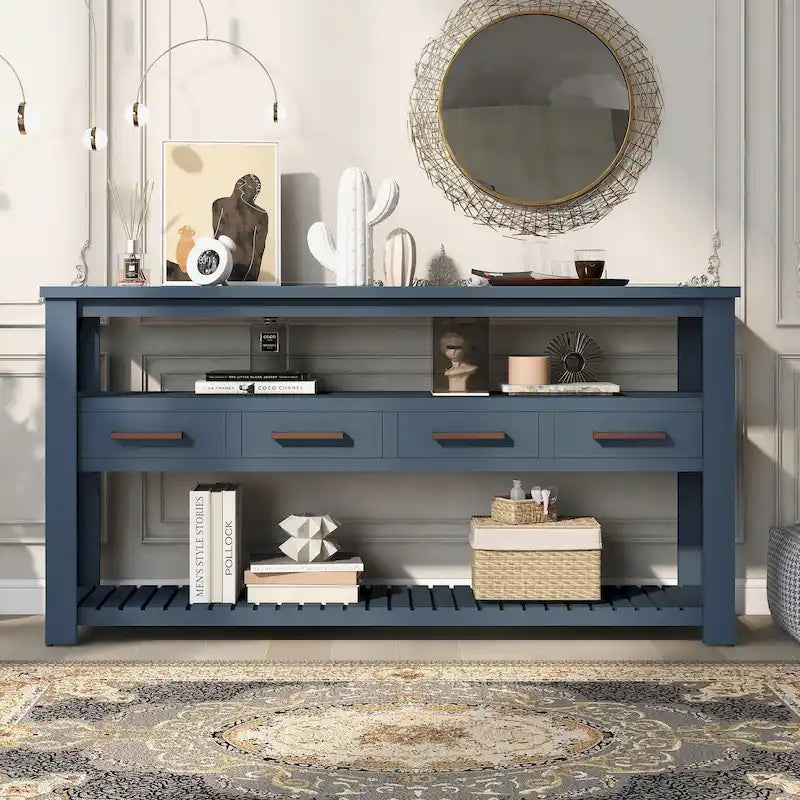 Console vintage noire/bleu marine/blanche avec 4 tiroirs et 2 étagères ouvertes, 1 personne